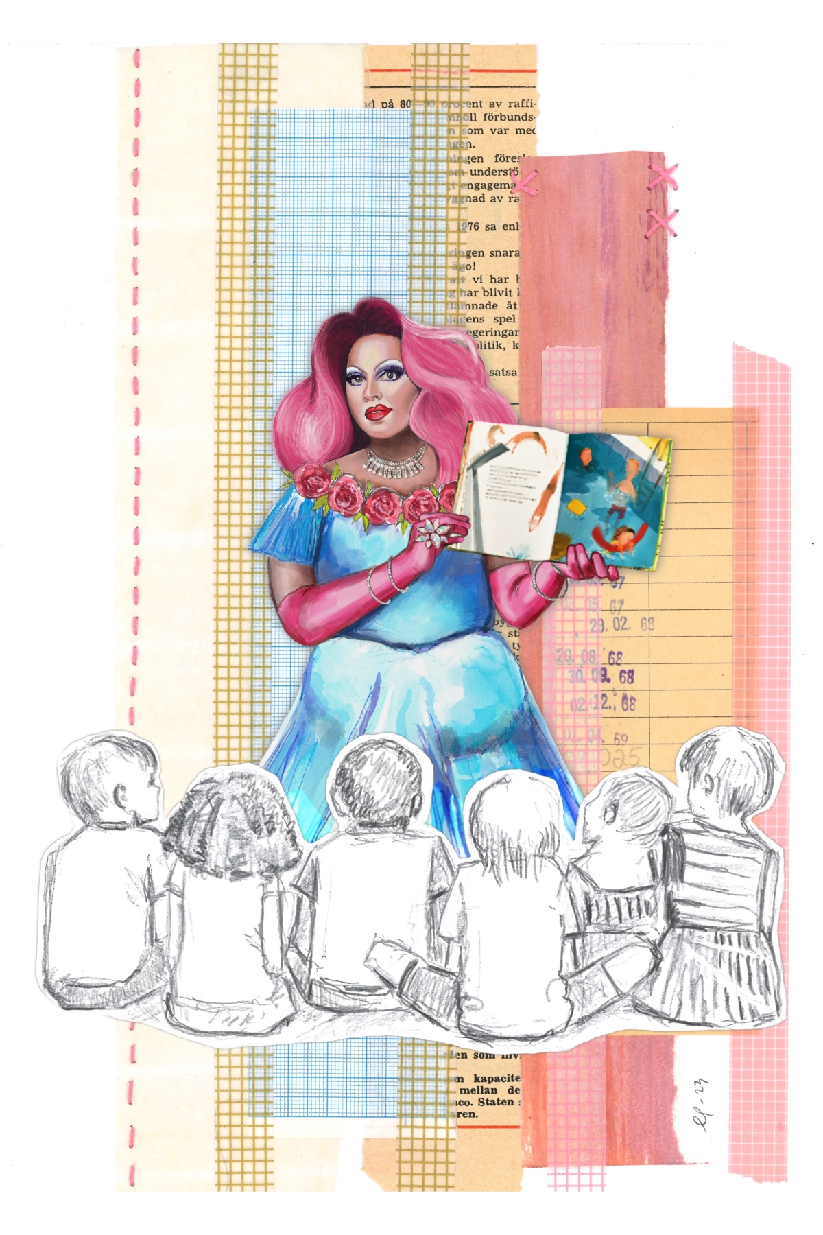 Illustration av en drag queen som läser sagor för barn.