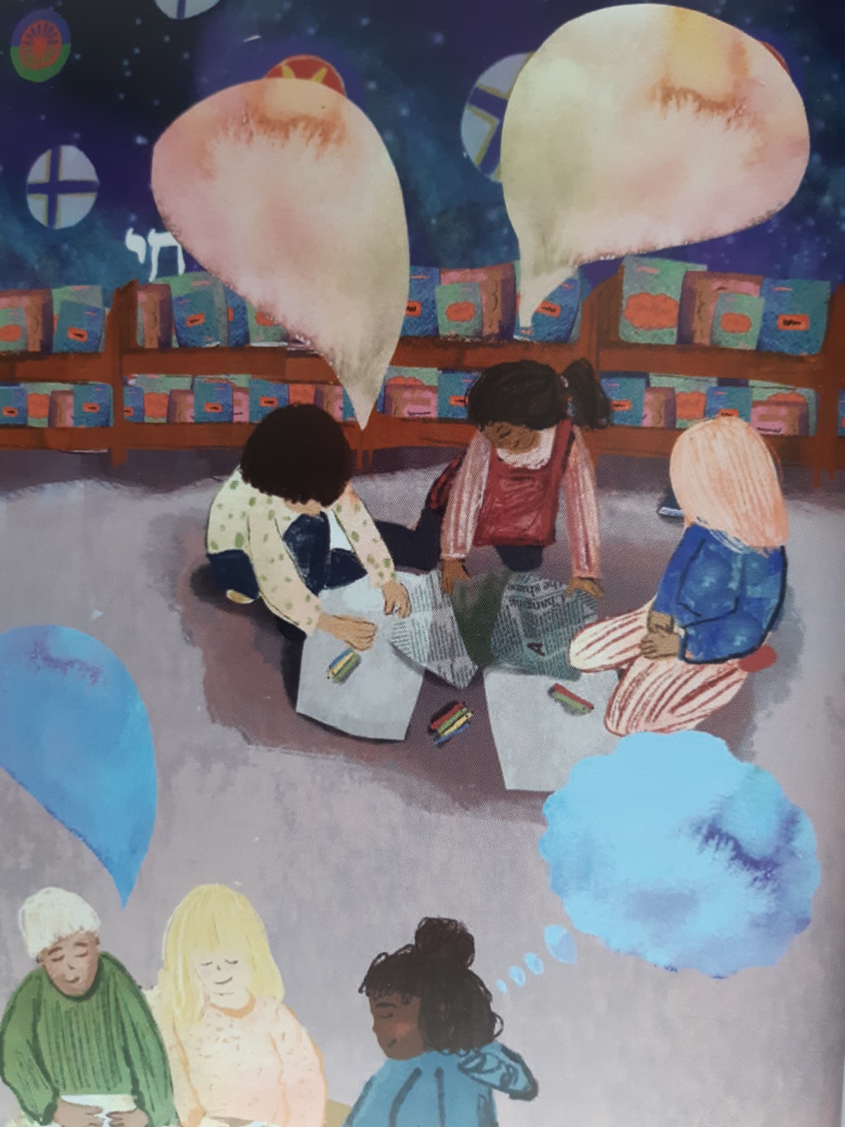 Illustration av barn som sitter och läser i ett bibliotek.