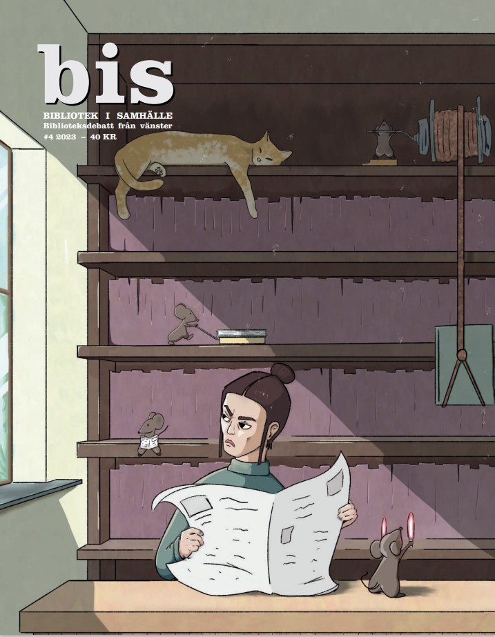 Illustration av en bibliotekarie som sitter vid sin arbetsplats. I händerna har hen en tidning, samtidigt som hen sneglar ut genom fönstret.