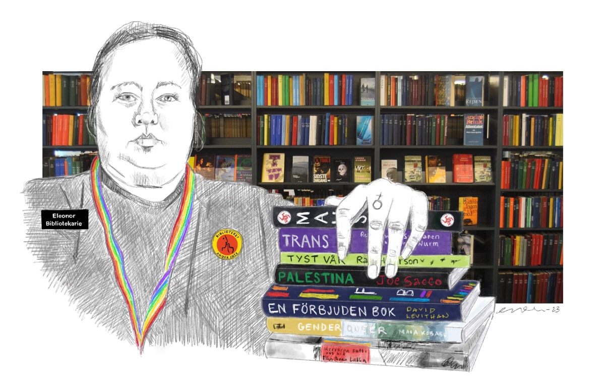 Illustration av en bibliotekarie med pin "vi anger inte" och en hög med böcker som kan anses vara politiska.